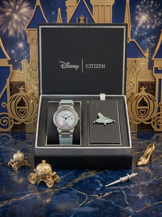 Citizen Eco-Drive Disney Cinderella Box Set features a watch with a crystal-encrusted bezel and a white mother-of-pearl dial