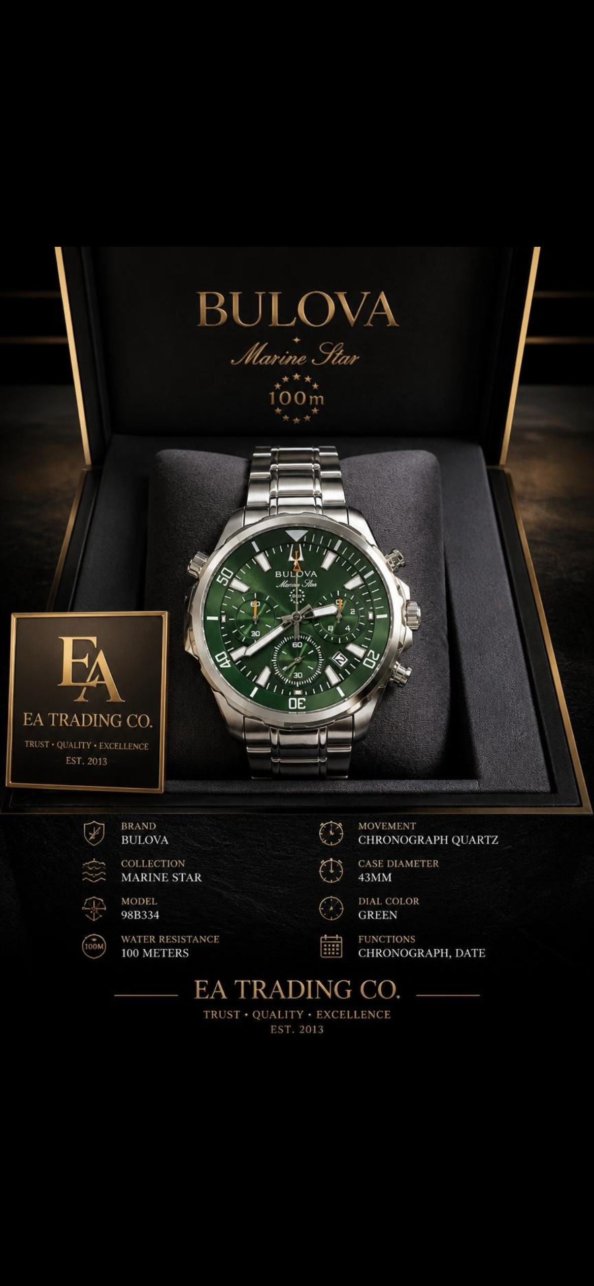 Bulova Marine Star (model 96B396) features a striking green dial housed in a durable stainless steel case.