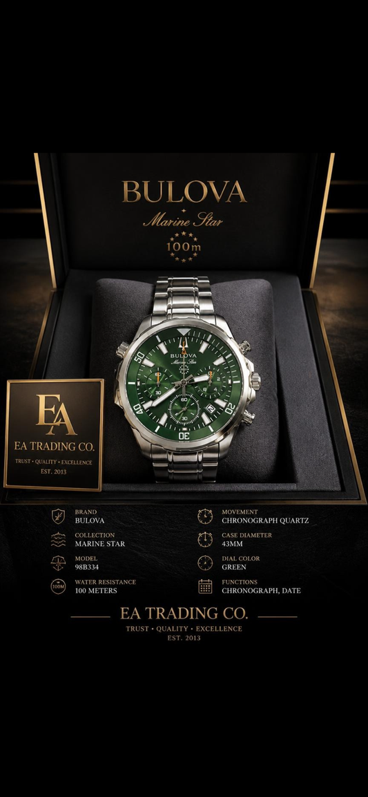 Bulova Marine Star (model 96B396) features a striking green dial housed in a durable stainless steel case.