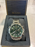 Bulova Marine Star (model 96B396) features a striking green dial housed in a durable stainless steel case.