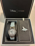 Citizen Eco-Drive Disney Cinderella Box Set features a watch with a crystal-encrusted bezel and a white mother-of-pearl dial